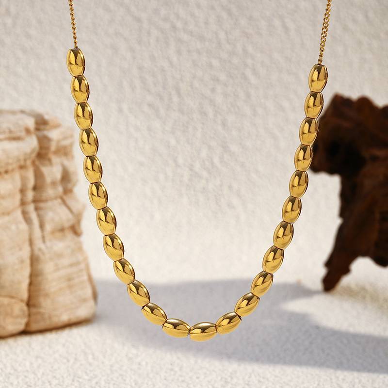 Kalung Emas Mewah dari Baja Tahan Karat dengan Manik-Manik Oval