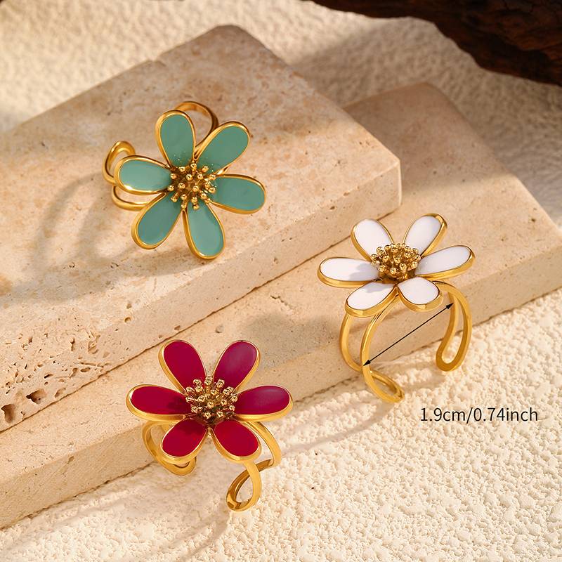 Cincin Bunga Daisy Lonceen Berlapis Emas dari Baja Tahan Karat yang Dapat Diatur Ukurannya