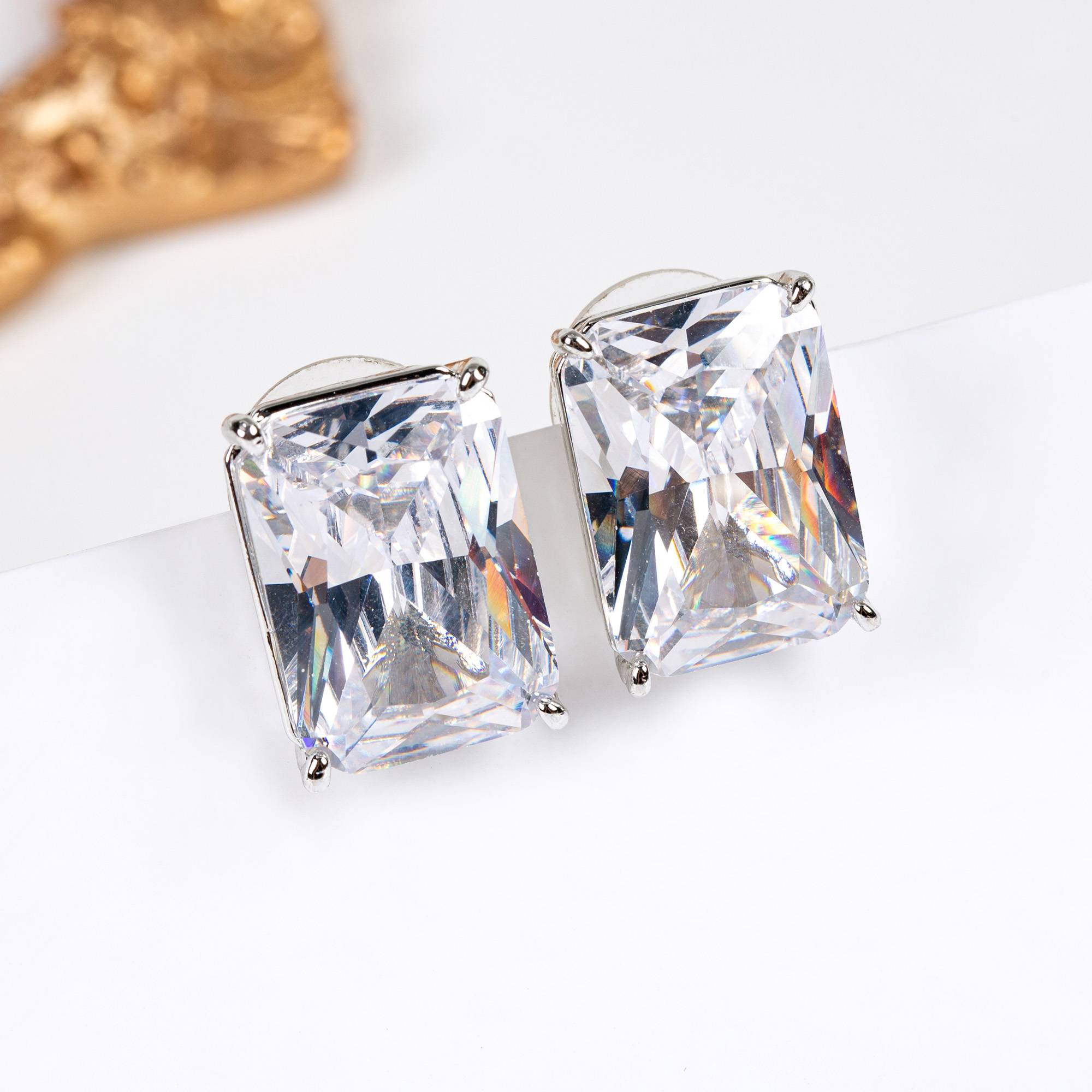 Brass-plated 18K gold multi-colored rectangular zircon stud earrings, versatile design.