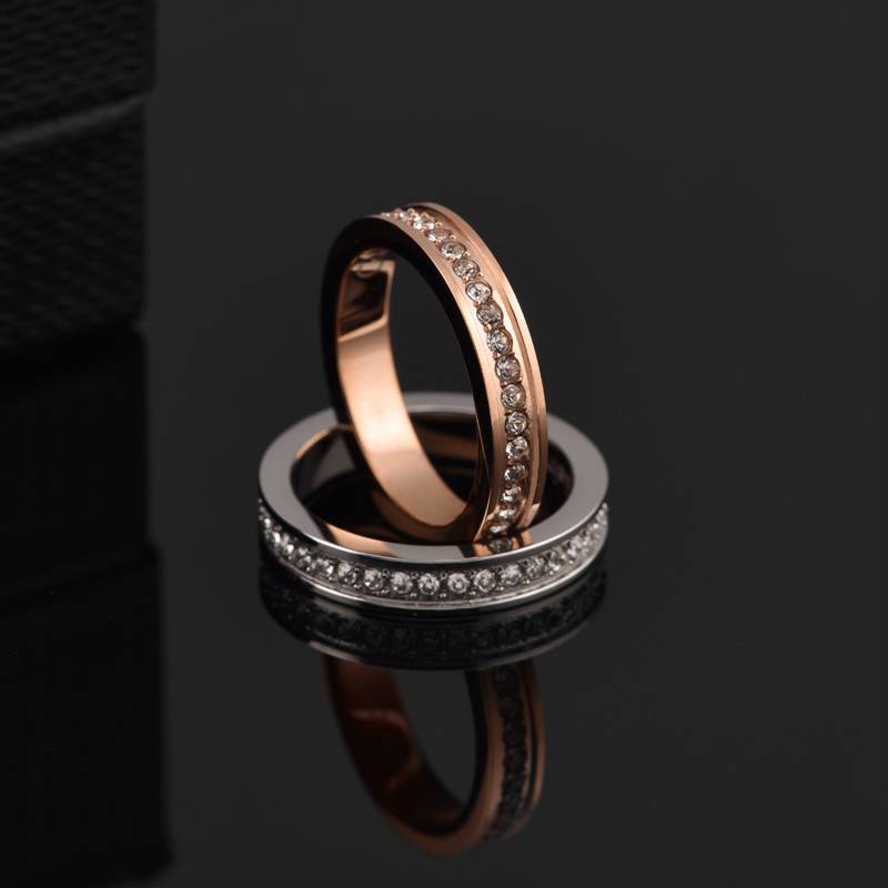 18K Gold Plated Stainless Steel Double-Row Cubic Zirconia Ring (US Sizes 5-10, Silver/Rose Gold)