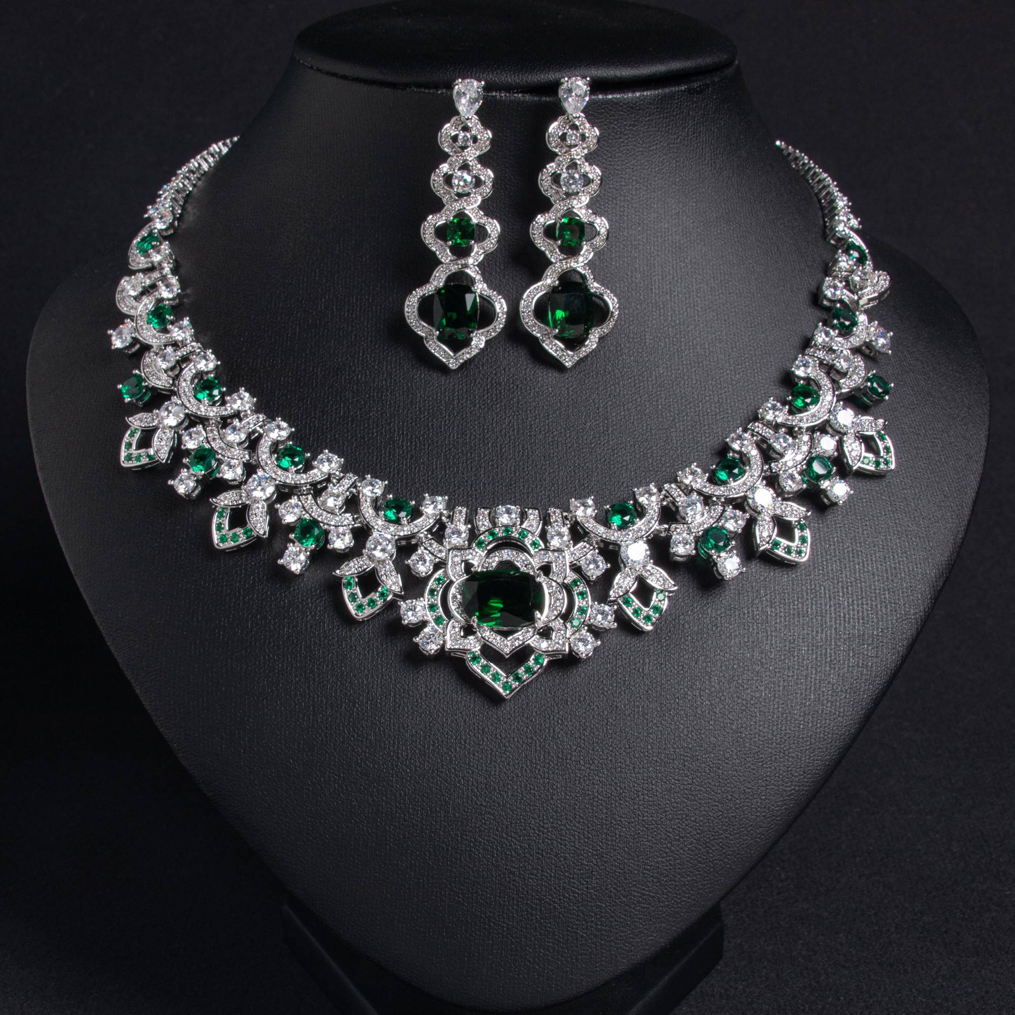 Bridal 18k Gold Plated Brass Green Gem Floral Jewelry Set | Lonceen