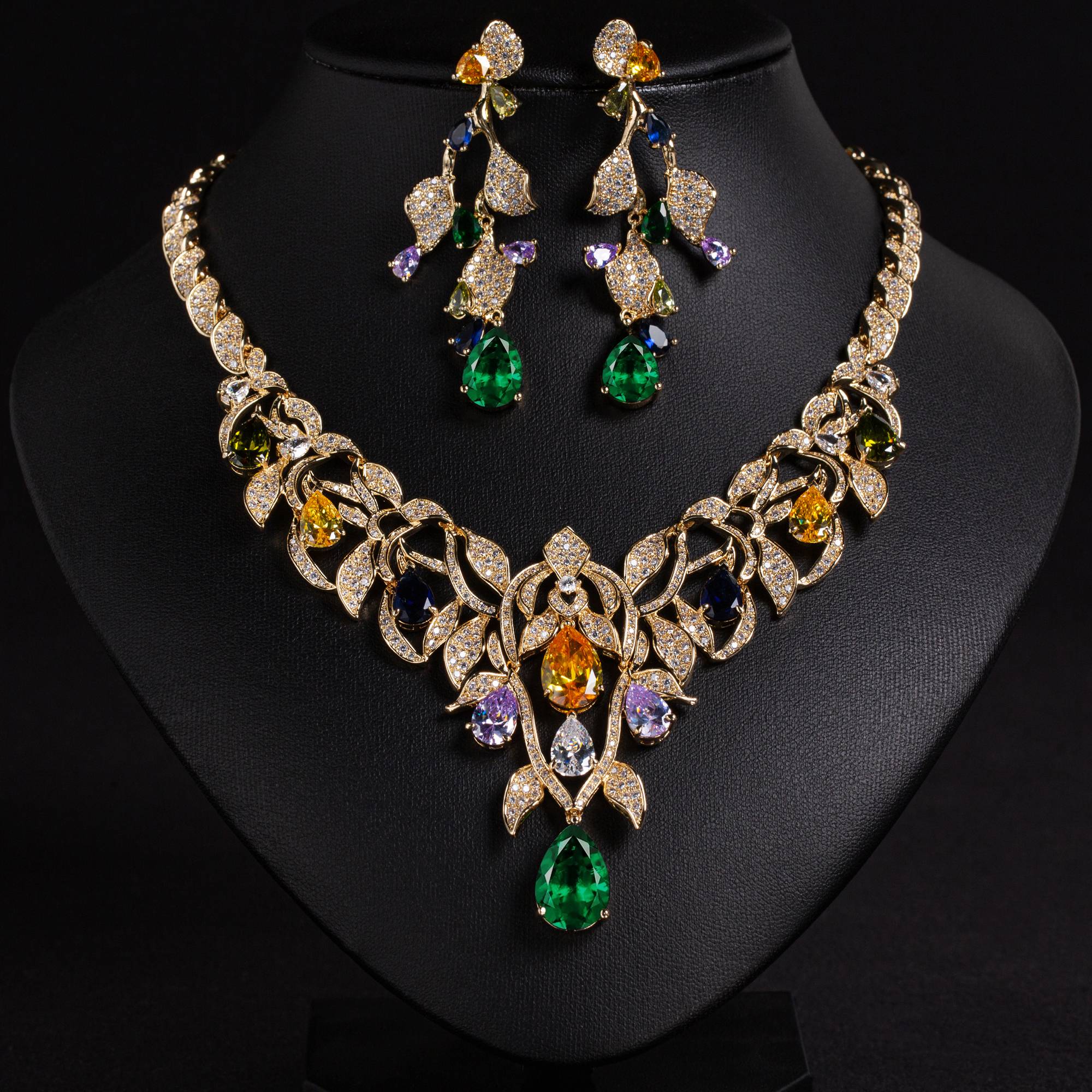 18k Gold Plated Brass Floral Vine Teardrop Gem Jewelry Set for Brides