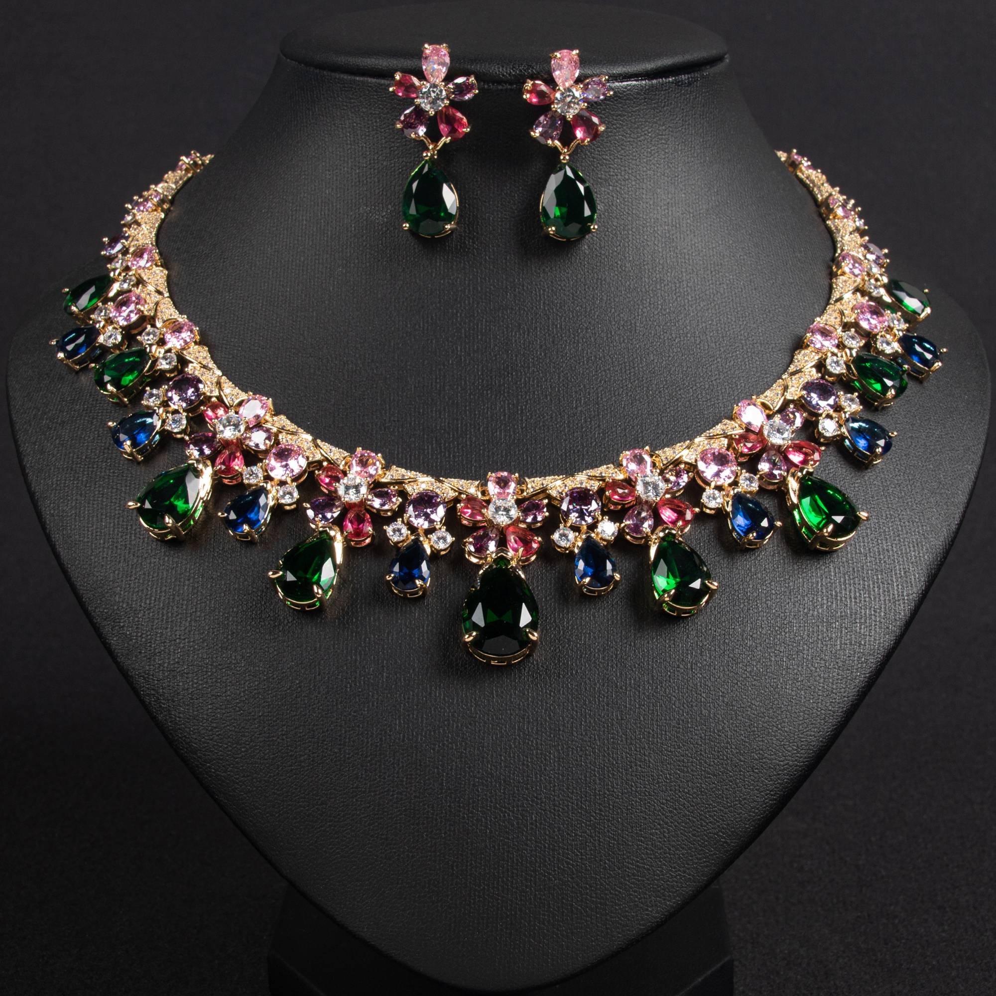 Lonceen 18k Gold Plated Multi Color Flower and Teardrop Bridal Jewelry Set