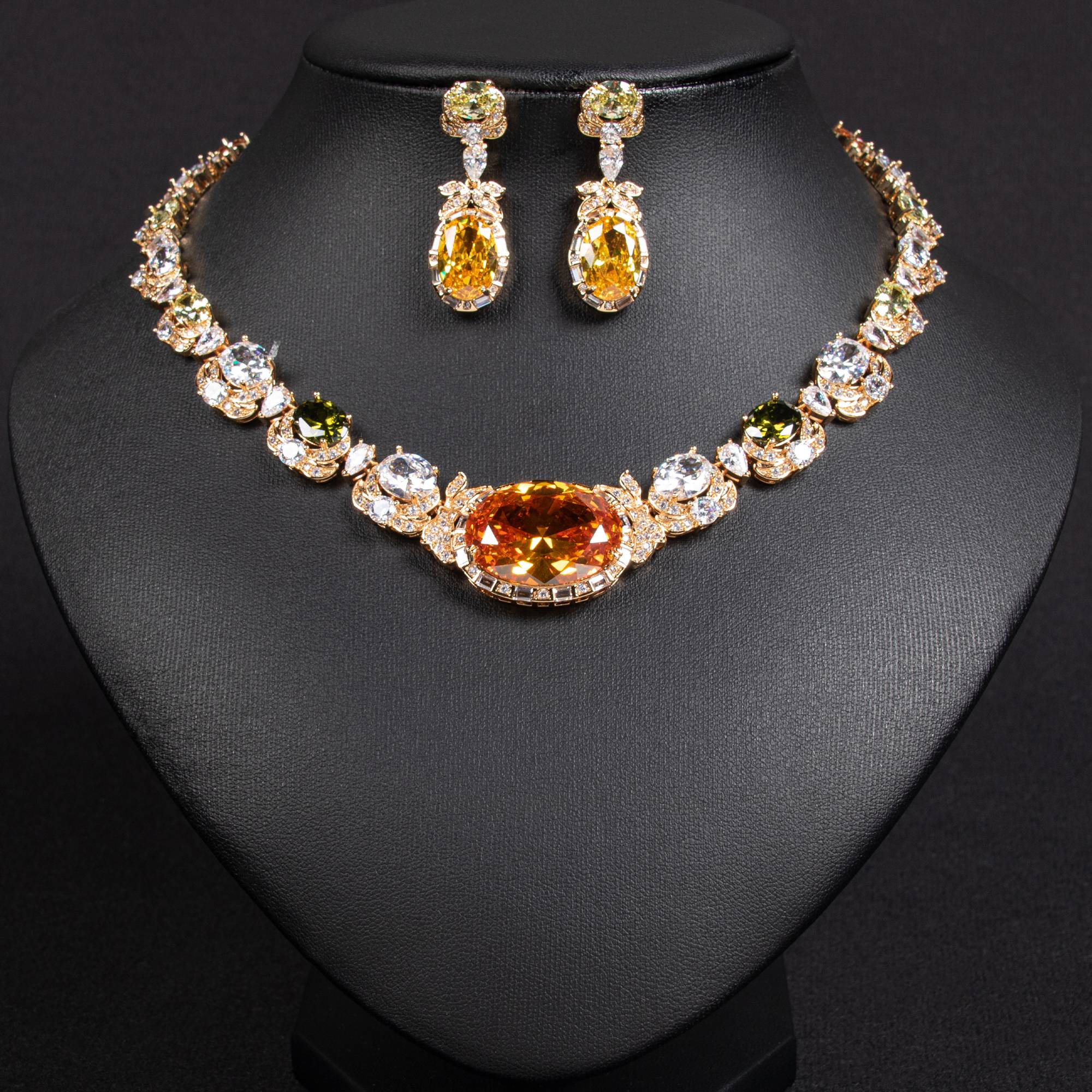 Bridal 18k Gold Plated Brass Oval Gem Collar Set for Elegant Occasions