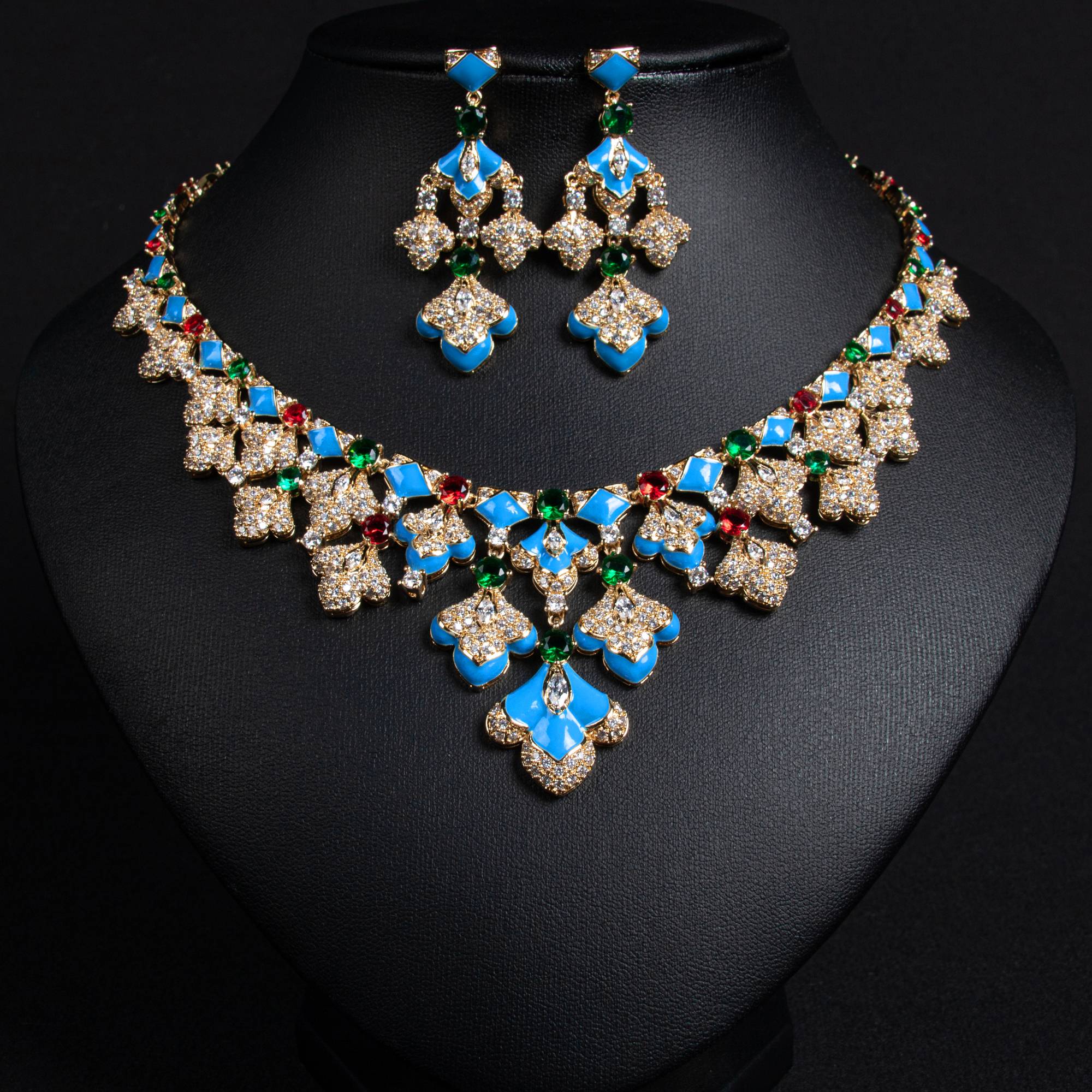 Bridal 18k Gold Plated Brass Enamel Floral Collar Jewelry Set