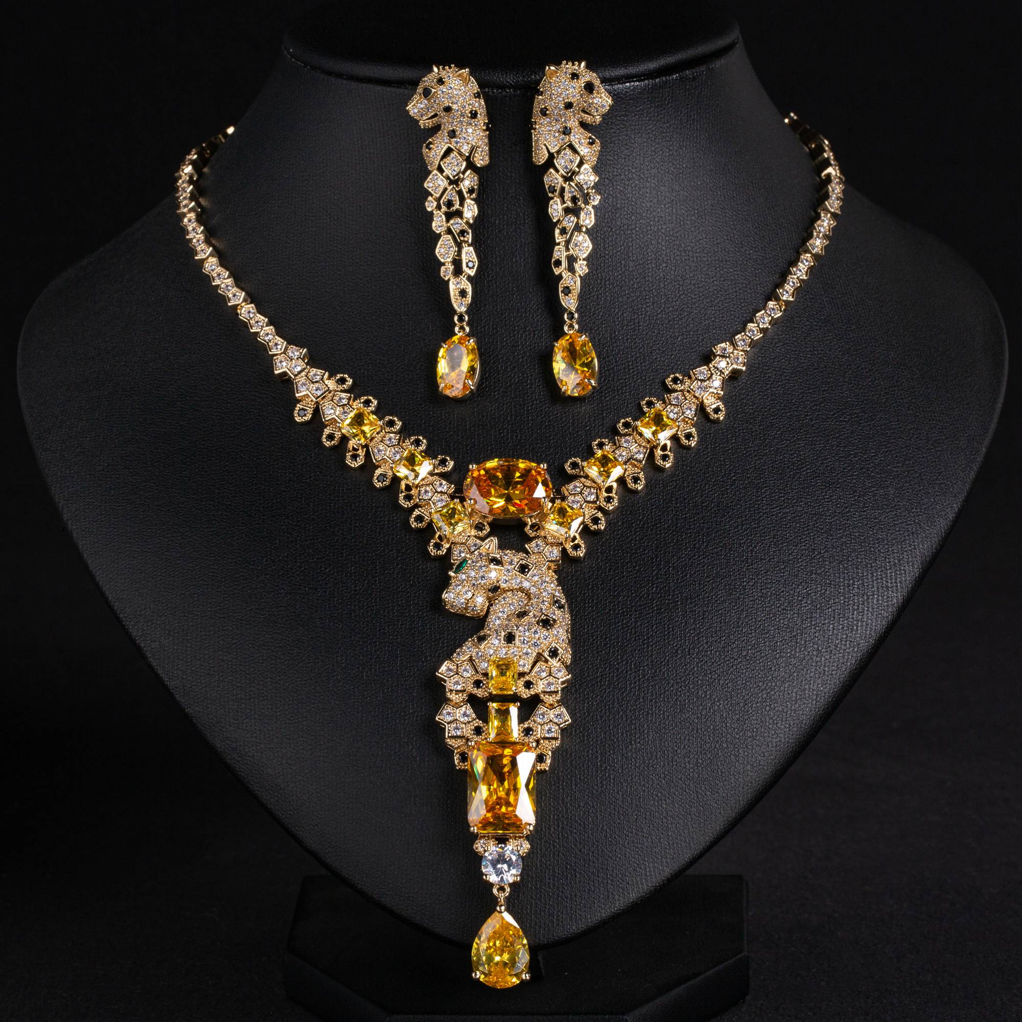 Bridal 18k Gold Plated Brass Leopard Dangle Jewelry Set for Weddings