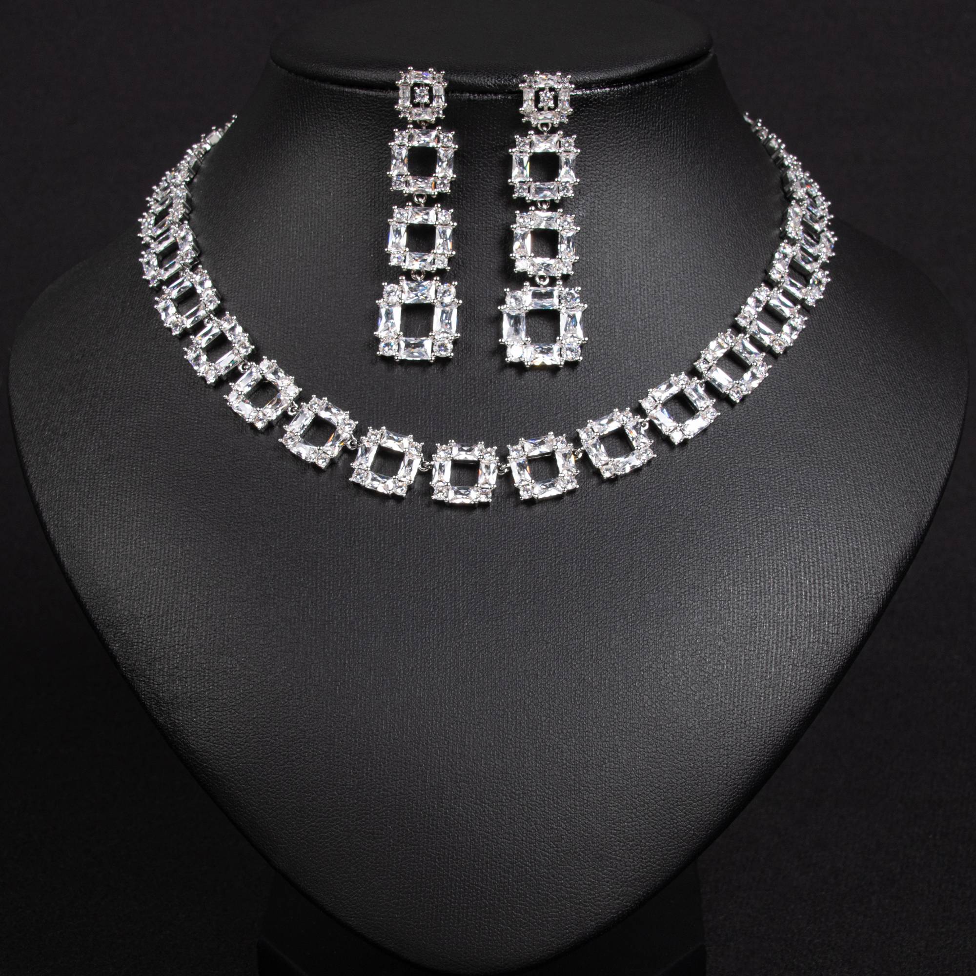 18k Gold Plated Square Openwork Crystal Bridal Jewelry Set | Lonceen