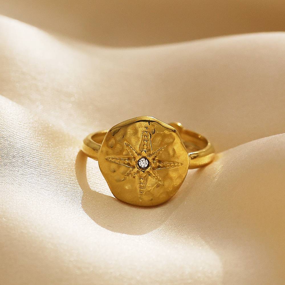 Waterproof stainless steel 18k gold-plated cubic zirconia irregular octagonal star women's fashion jewelry ring