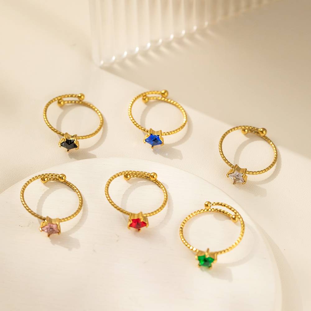Fashion 18k Gold Plated Women's Multi-color Cubic Zirconia Star Stainless Steel Fashion Jewelry Ring