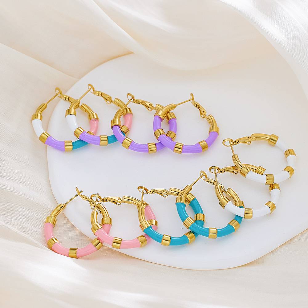 Stud 18k Gold-Plated Stainless Steel Enamel Women's Hoop Oil-Dripping Personalized Colorful C-Shaped Fashion Jewelry Earrings
