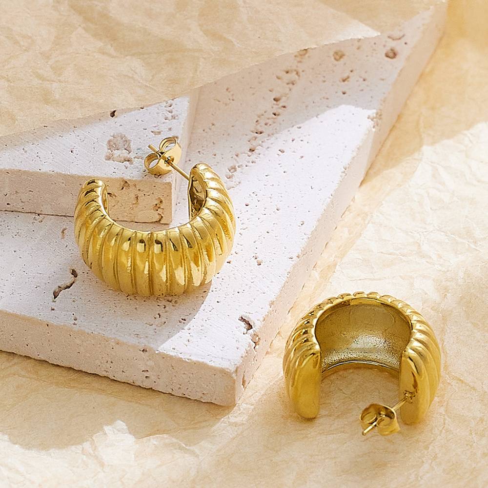 Stud 18k Gold-Plated Stainless Steel Wide Bread Texture CC Striped Women's Hoop Fashion Jewelry Earrings