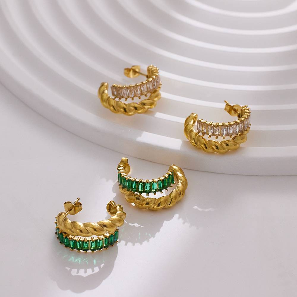 Hot-selling jewelry geometric twisted 18k gold-plated crystal rhinestone stainless steel women's earrings