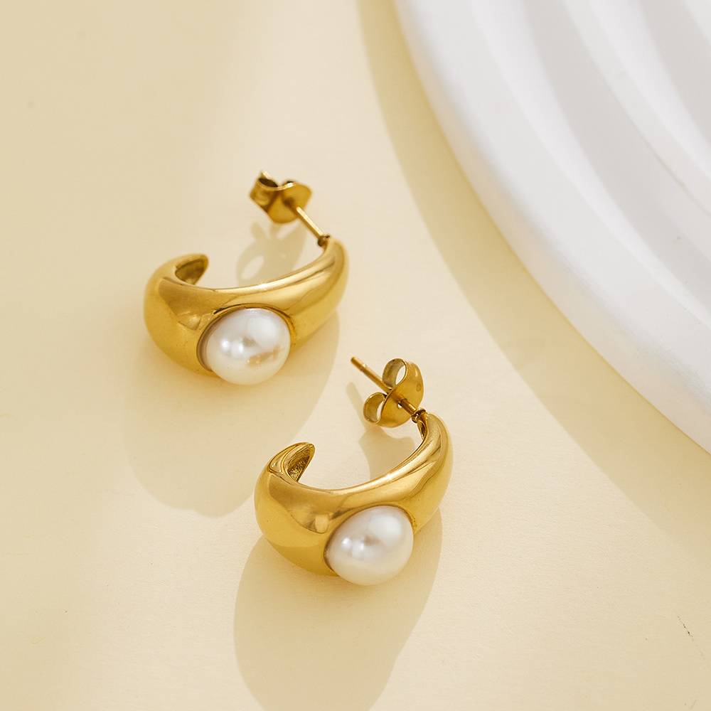 Luxurious 18k gold-plated custom wedding single pearl handmade stainless steel accessories, women's fashion jewelry earrings