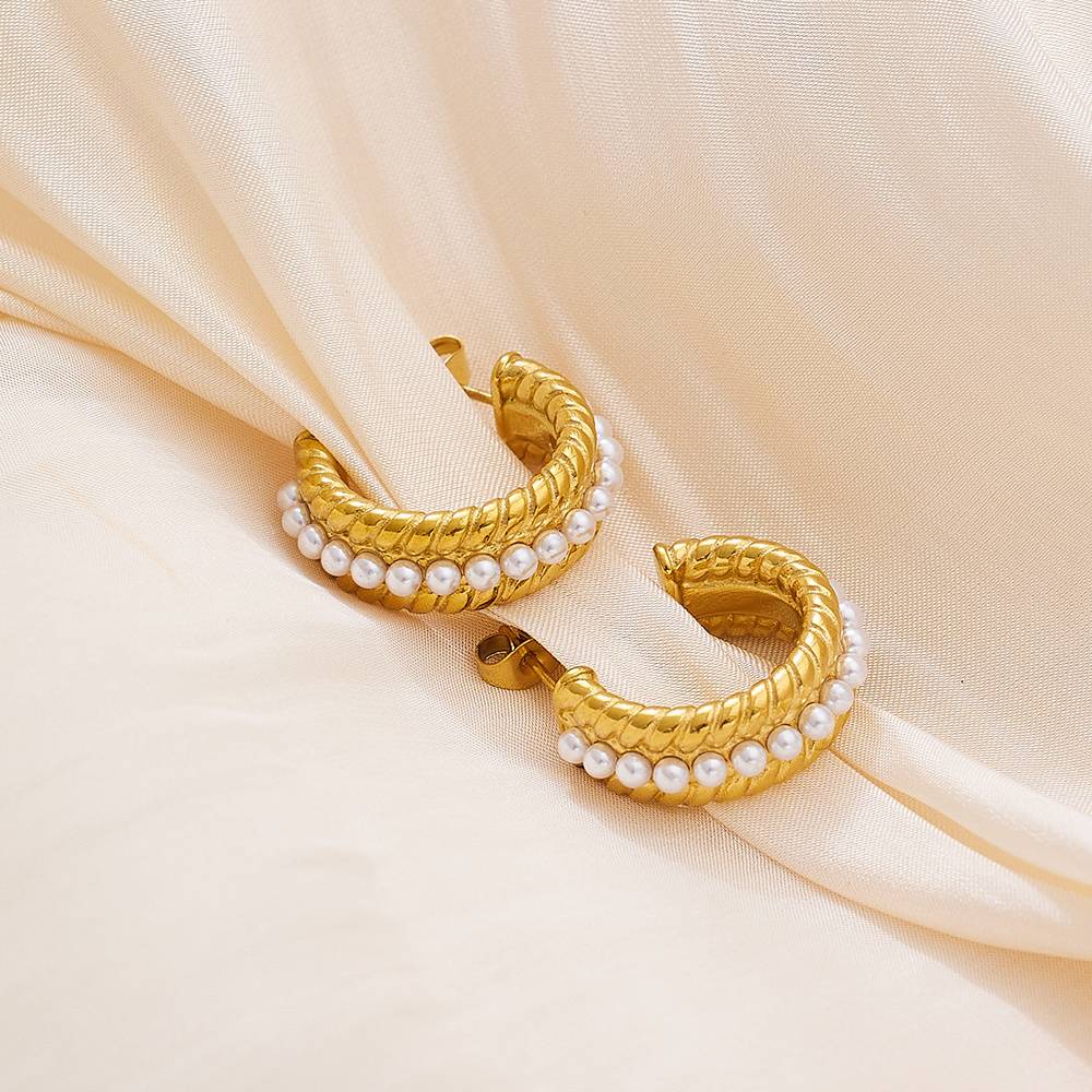 Wheat Twisted Edge Earrings 18k Gold PVD Plated C-shaped Pearl Fashion Stainless Steel Earrings for Women Retro Style