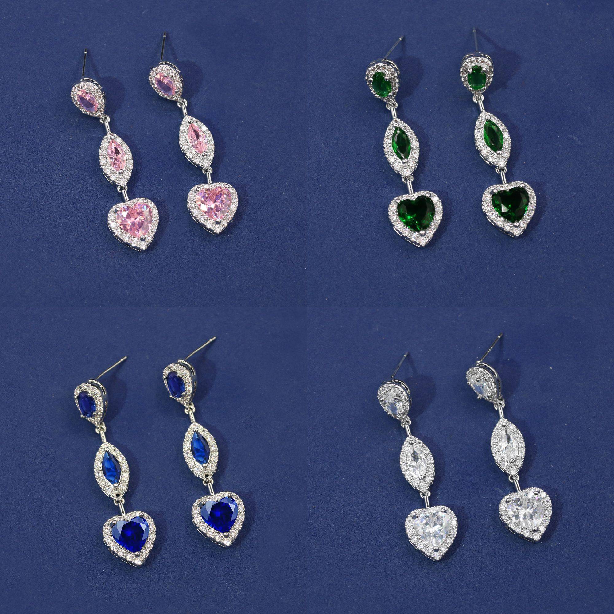 エレガントなクリアキュービックジルコニア多層ティアドロップ & ハートダングルイヤリング |ロンセン