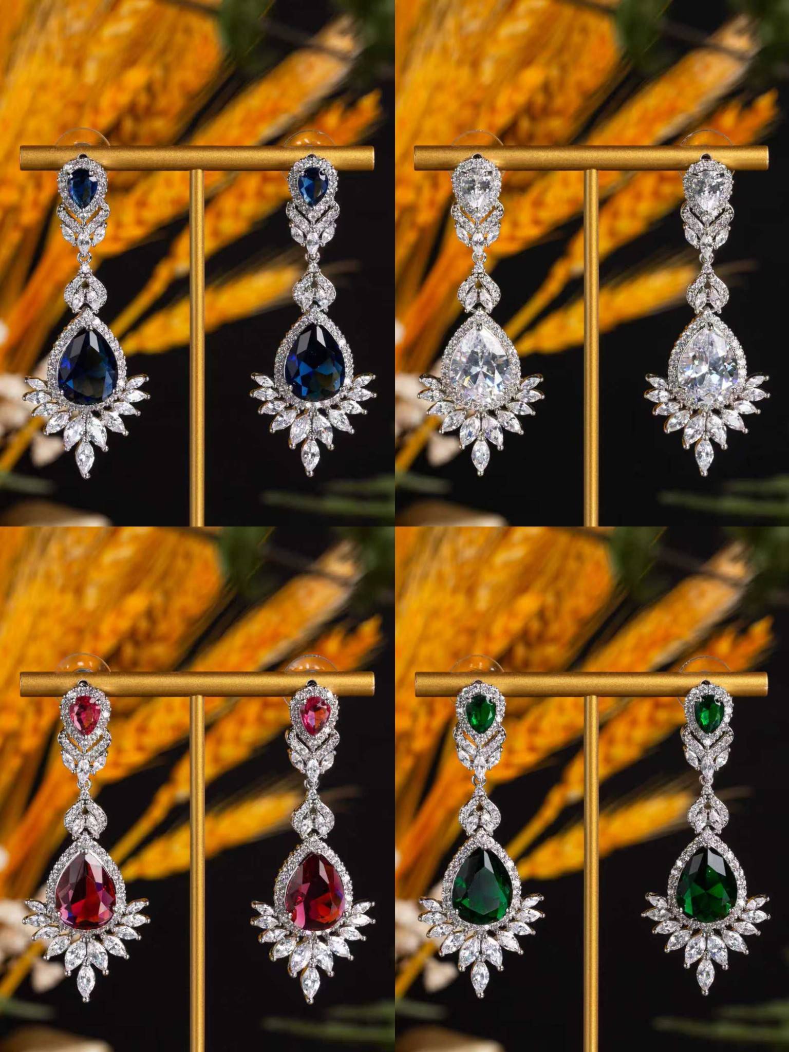 18K ゴールド メッキ ブラス ジルコン ティアドロップ フローラル ハロー ダングル イヤリング