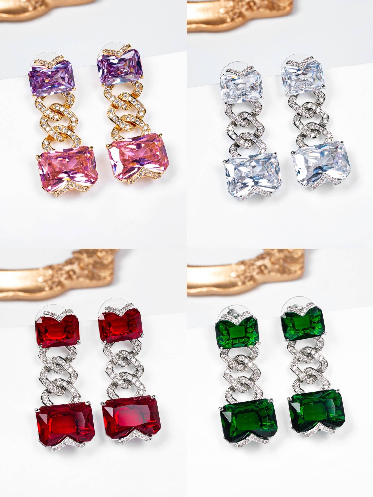 Lonceen 18K ゴールド メッキ キュービック ジルコニア チェーン リンク ドロップ イヤリング