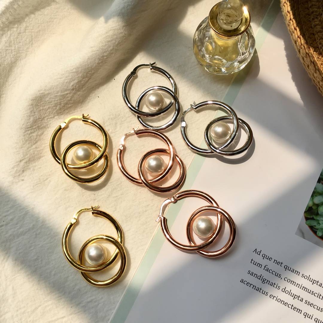 Lonceen Modern Dual-Circle Pearl Drop Earrings