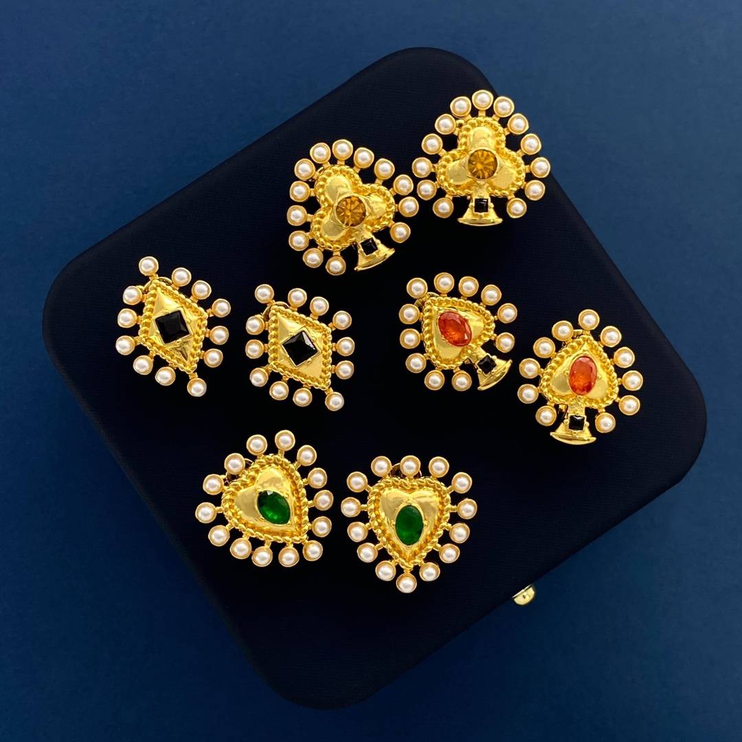 Lonceen Playful Poker Motif Zircon & Pearl Clip-On Earrings