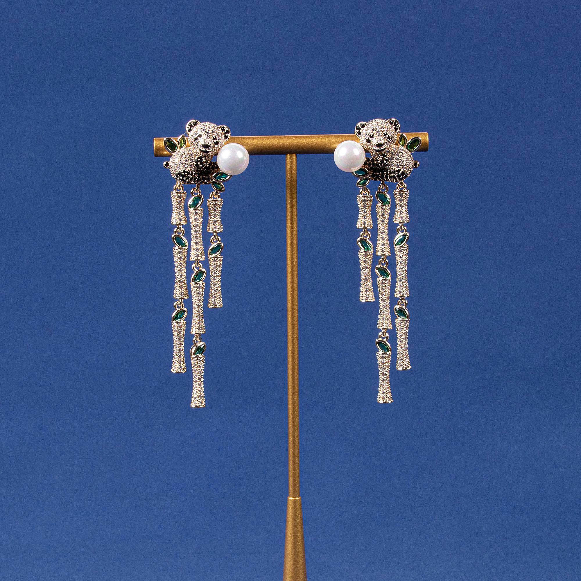 Dangle Earrings 18k Gold Plated Brass Panda Zircon Drop Earrings