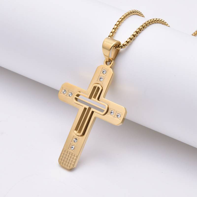 Collier croix en acier inoxydable et or 18 carats avec petit zircon et diamant, bijou religieux chrétien pour homme