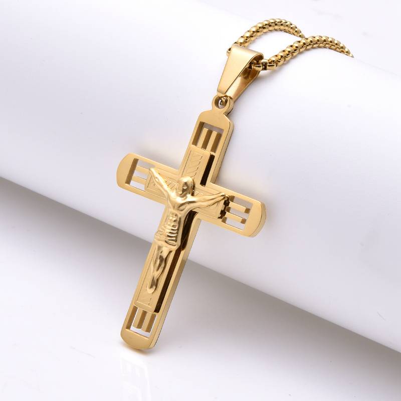 Collier croix Jésus pour homme en acier inoxydable plaqué or 18 carats