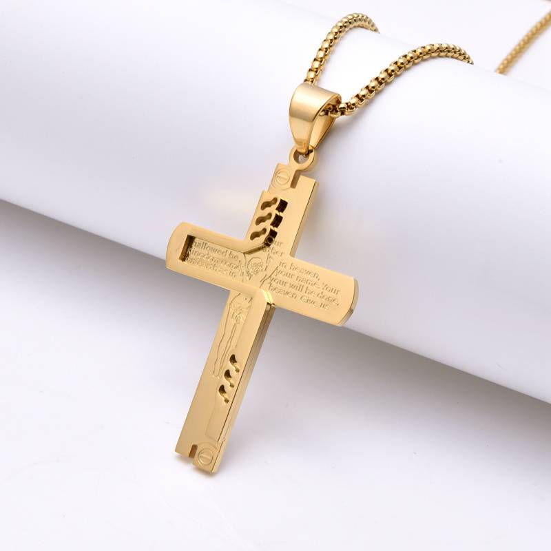 Collier pendentif croix Jésus en acier inoxydable plaqué or pour homme, bijou religieux personnalisé