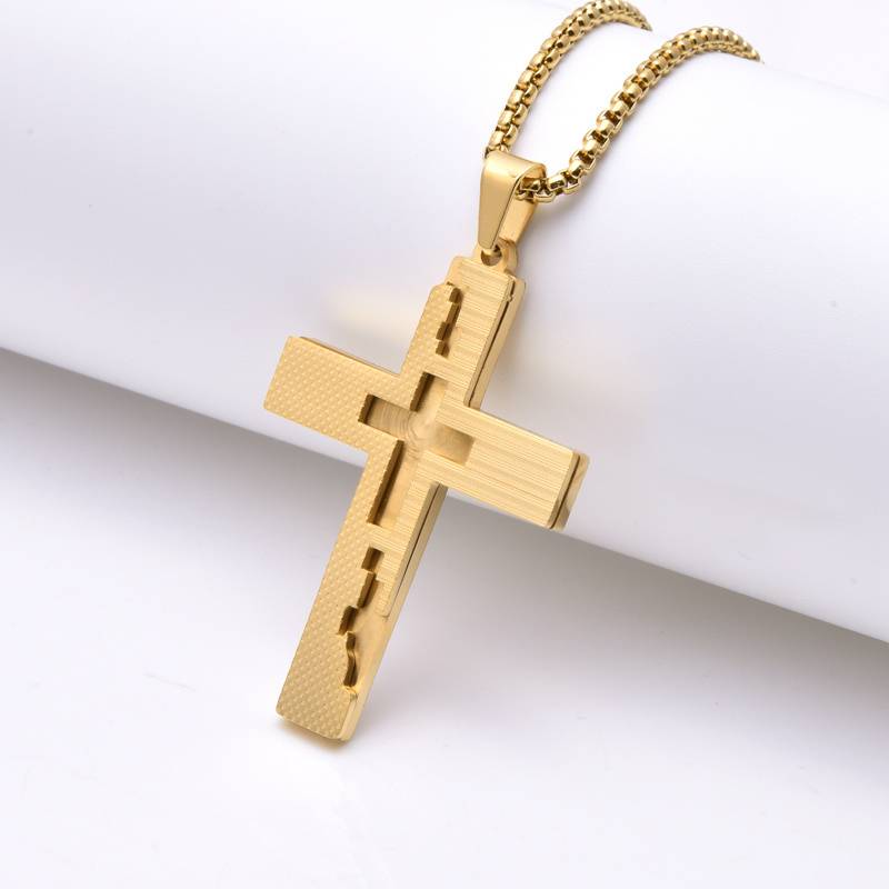 Collier pendentif croix chrétien pour homme plaqué or 18 carats