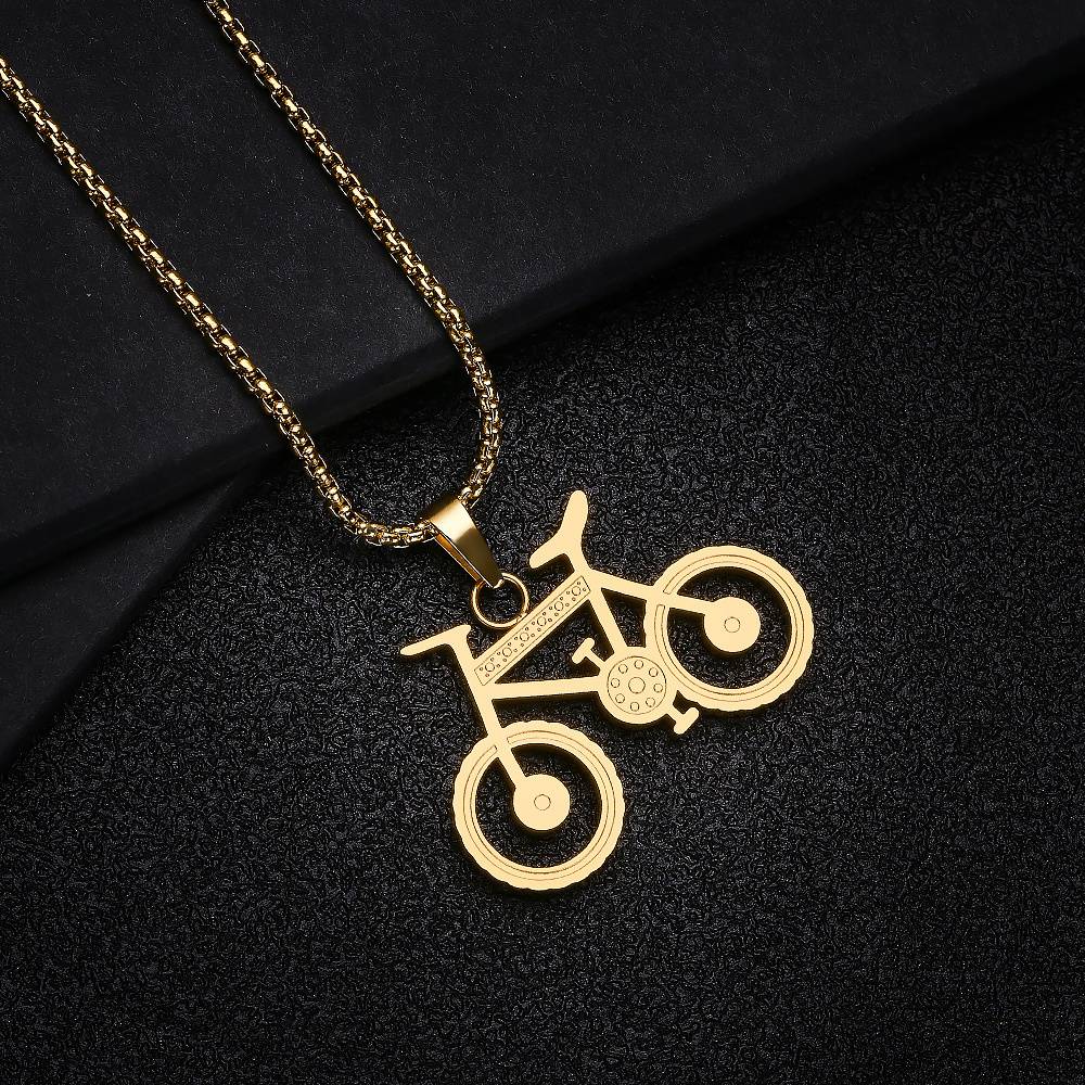 Collier pour homme avec pendentif vélo en acier inoxydable plaqué or 18 carats, bijou très populaire