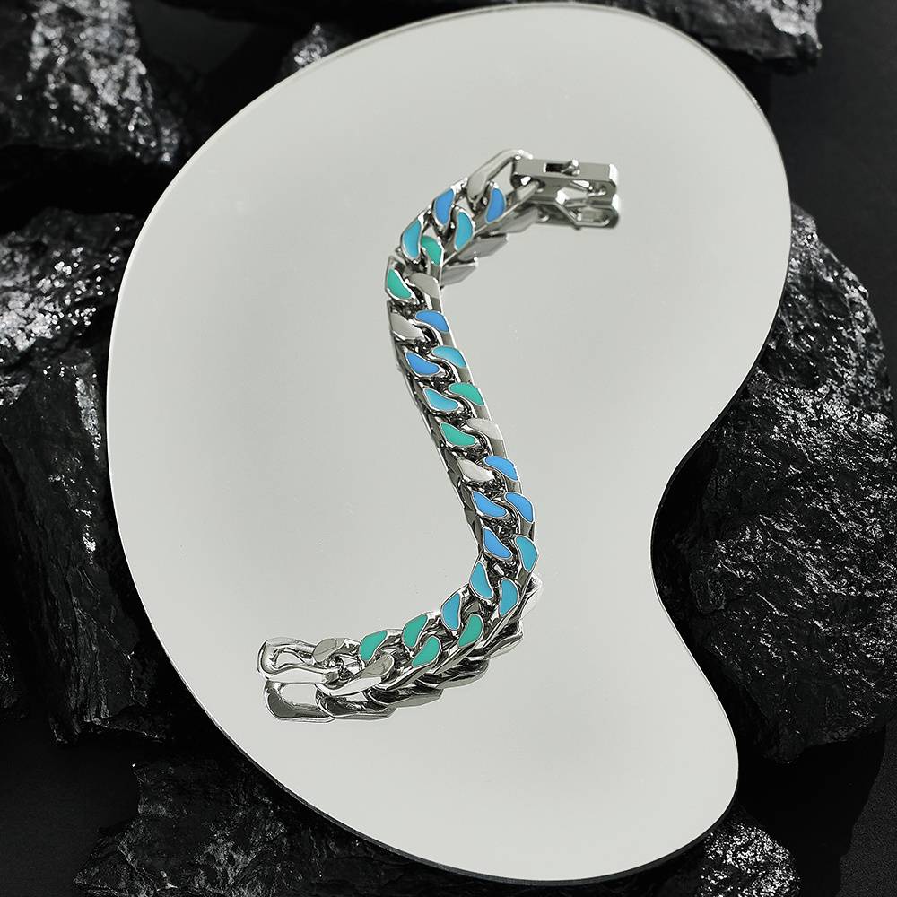 Bracelet homme style rétro hip-hop coloré, chaîne cubaine en acier inoxydable plaqué argent