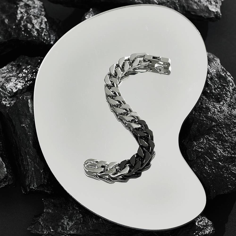 Chaîne cubaine en acier inoxydable, plaquée argent, noire, style rétro, bijou hip-hop sur mesure, bracelet pour homme