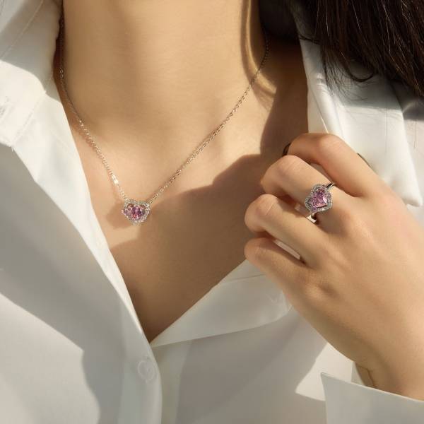 Bague Lonceen en argent 925 plaqué 18 carats avec halo en forme de cœur et zircon rose pour femme