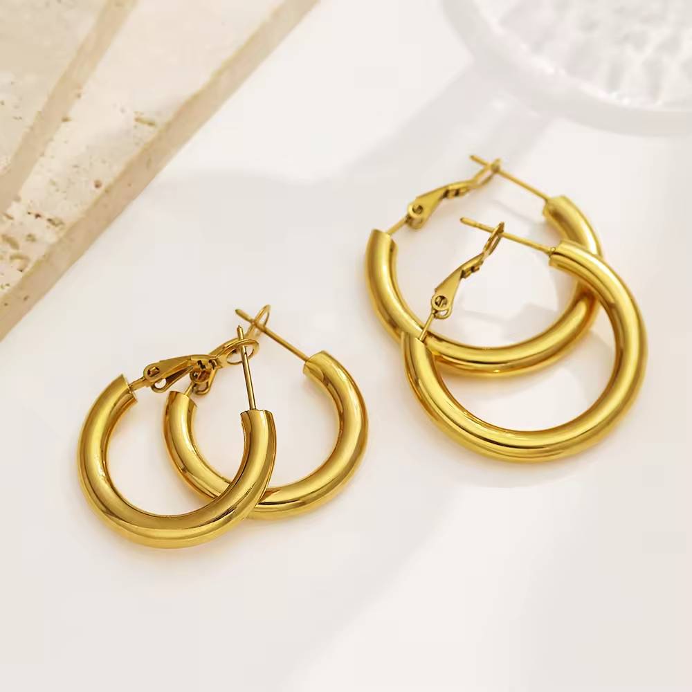 Simple Large Hoop Earrings 18k Gold Color, for Chubby Women, Multi-size, Stainless Steel, Fashion Jewelry Earrings
