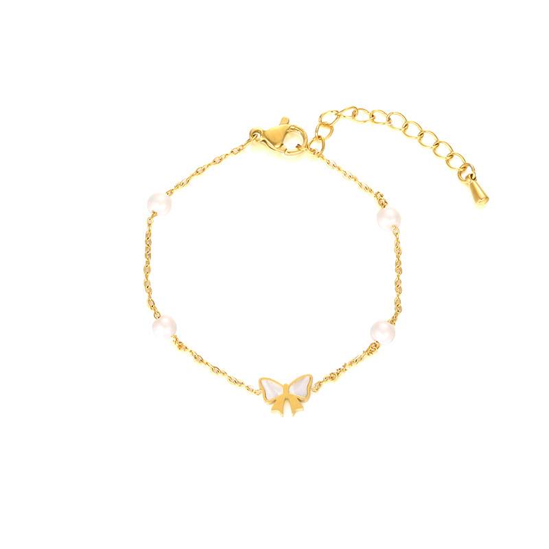 Gold Butterfly Stainless Steel Bracelet Pearl Chain