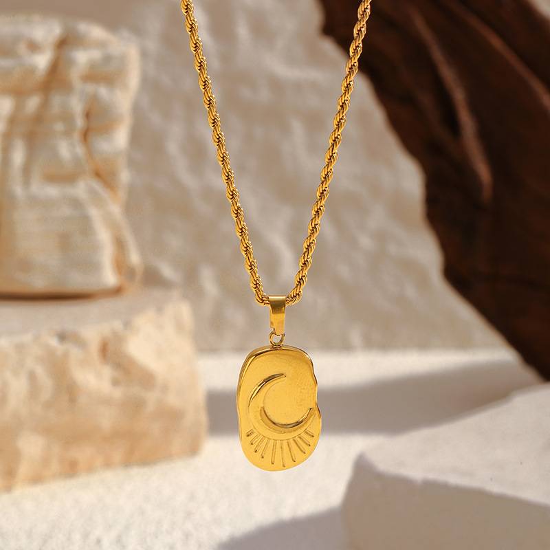 Gold Stainless Steel Necklace with Geometric Moon Pendant