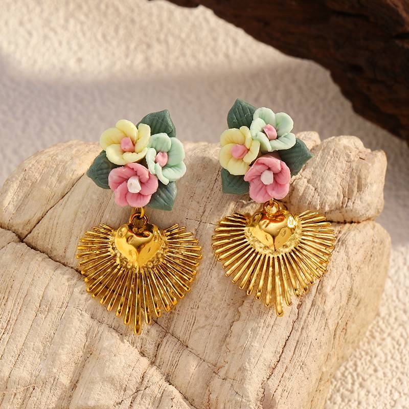 Gold Stainless Steel Floral Heart Earrings