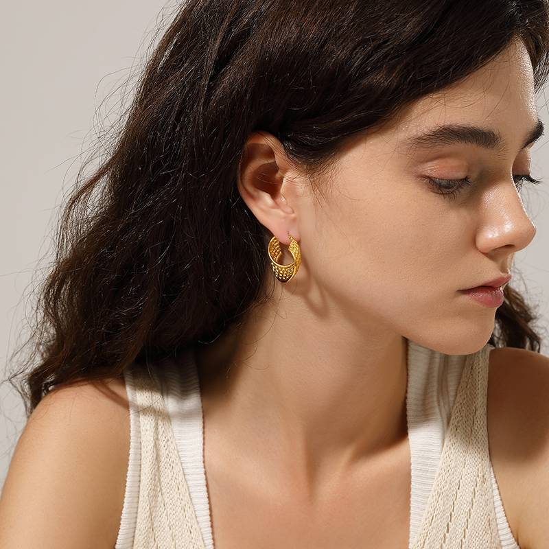 Gold Stainless Steel Hoop Earrings with Braided Texture