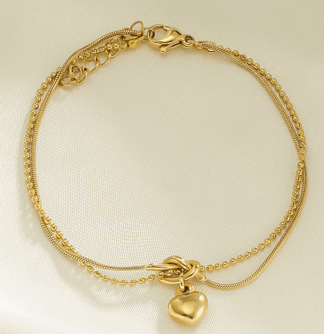 Gold Stainless Steel Double Chain Heart Charm Bracelet