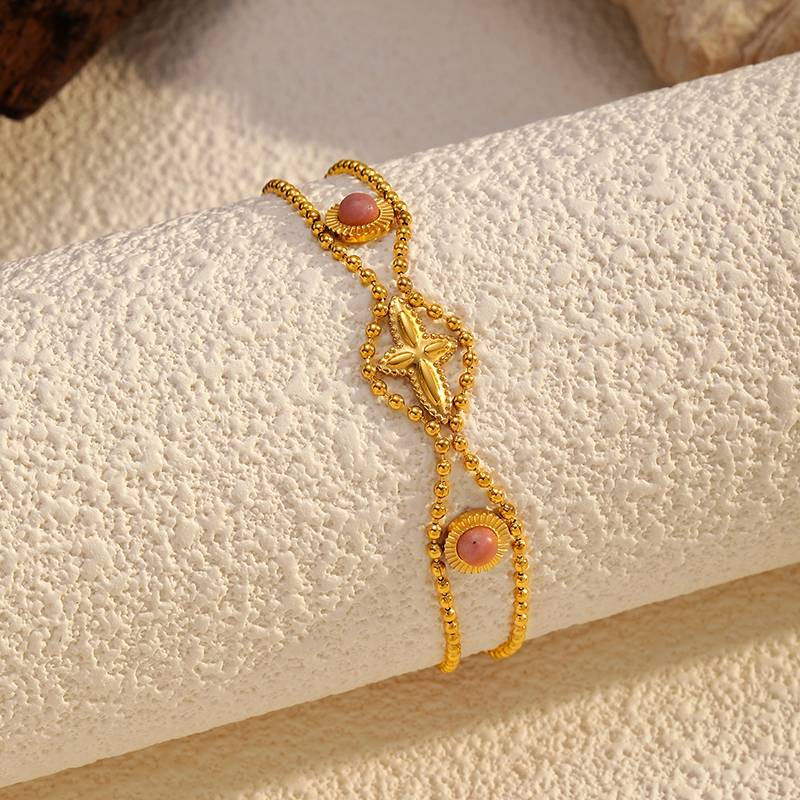 Gold Stainless Steel Bracelet with Pink Gemstone for Women