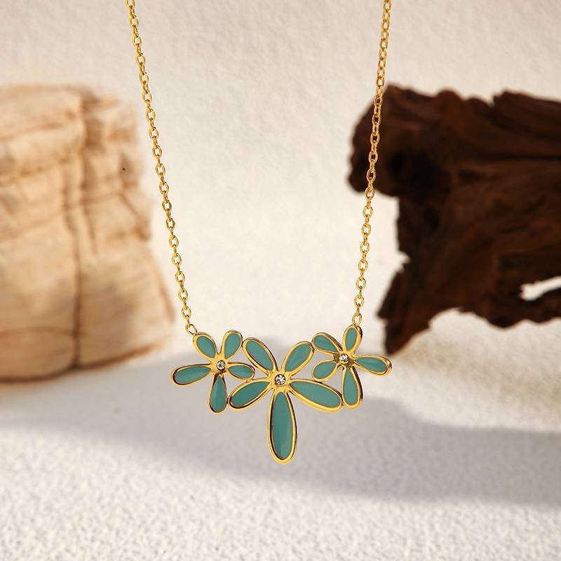 Gold Stainless Steel Floral Necklace for Women with Green Petals