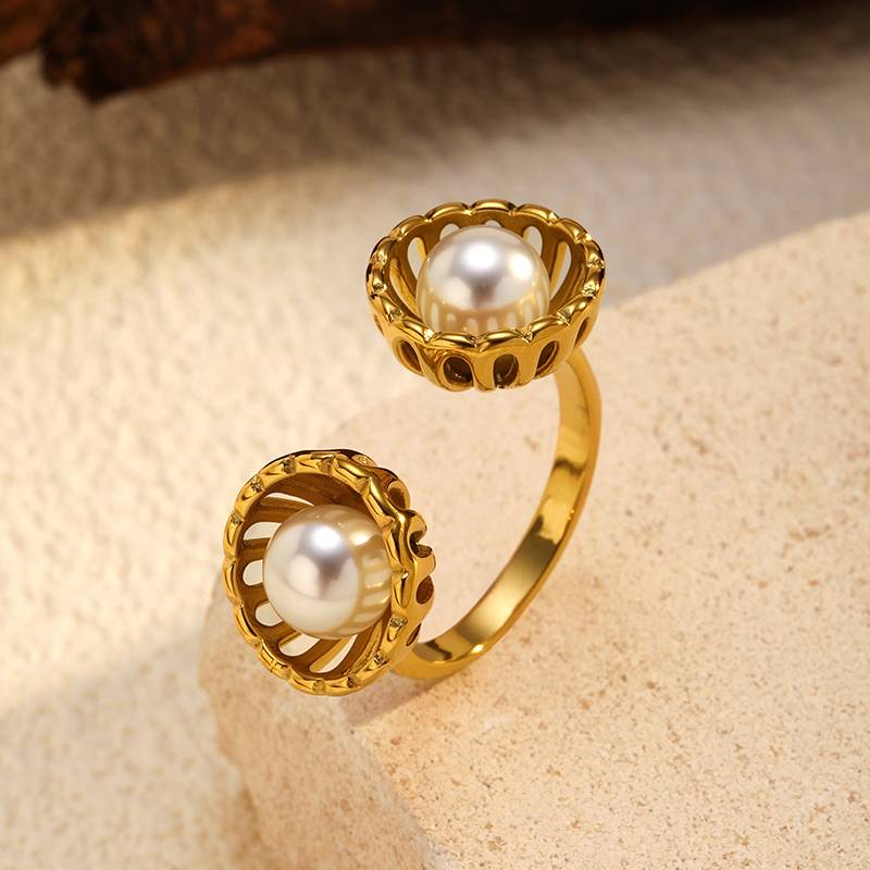 Bague ajustable en acier inoxydable à double perle de Lonceen