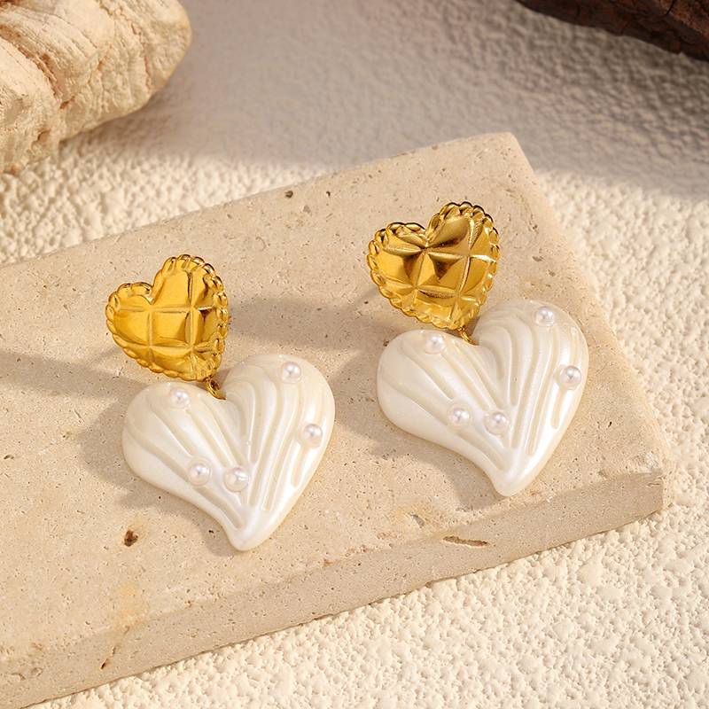 Gold Pearl Heart Stainless Steel Drop Earrings for Women