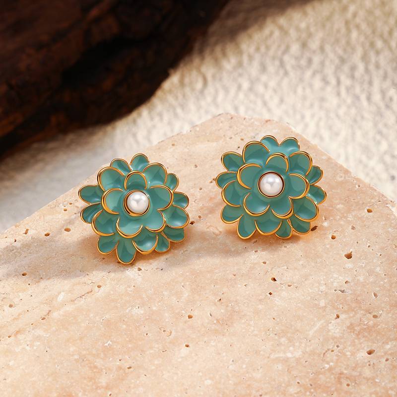 Green Enamel Daisy Style Stainless Steel Stud Earrings
