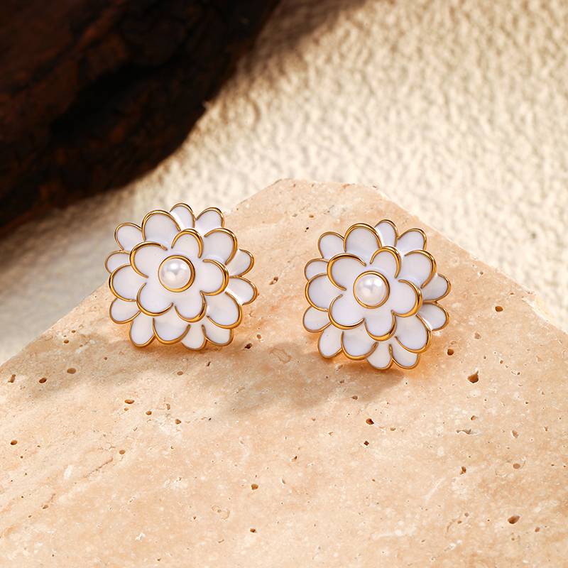 White Enamel Flower Stainless Steel Stud Earrings for Women