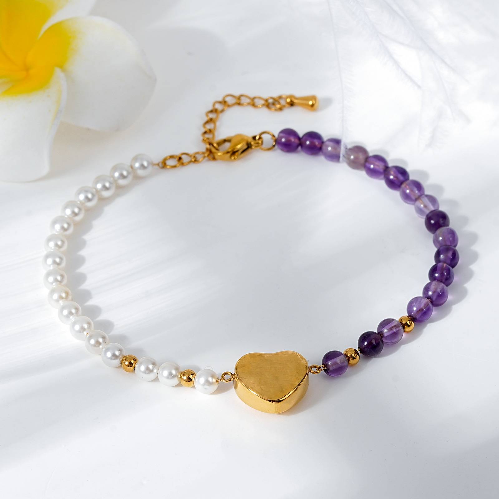 Stainless Steel Bracelet with Shell Pearl and Amethyst
