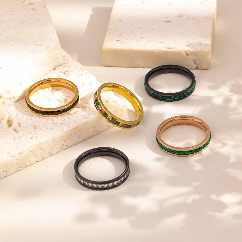 Stainless steel 18K gold plated ring with multi-colored diamonds - stylish, unique, and versatile for everyday wear.