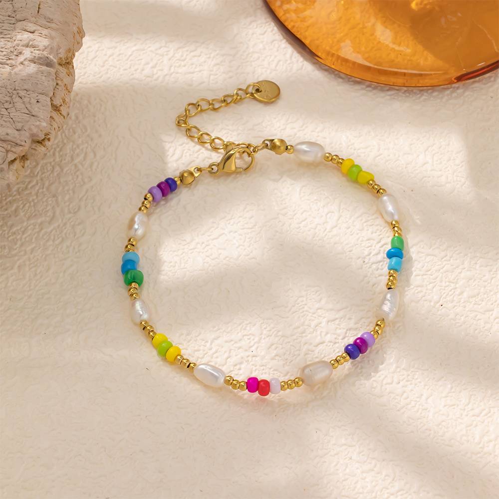 Colorful Bead Matte Stainless Steel 18k Gold Plated Pearl Women's Fashion Jewelry Bracelet