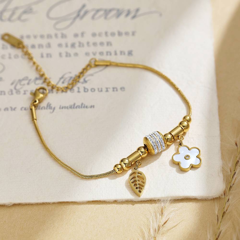 18k Gold Plated Stainless Steel Snake Zircon Flower Leaf Bead Shell Female Fashionable Charm Jewelry Bracelet