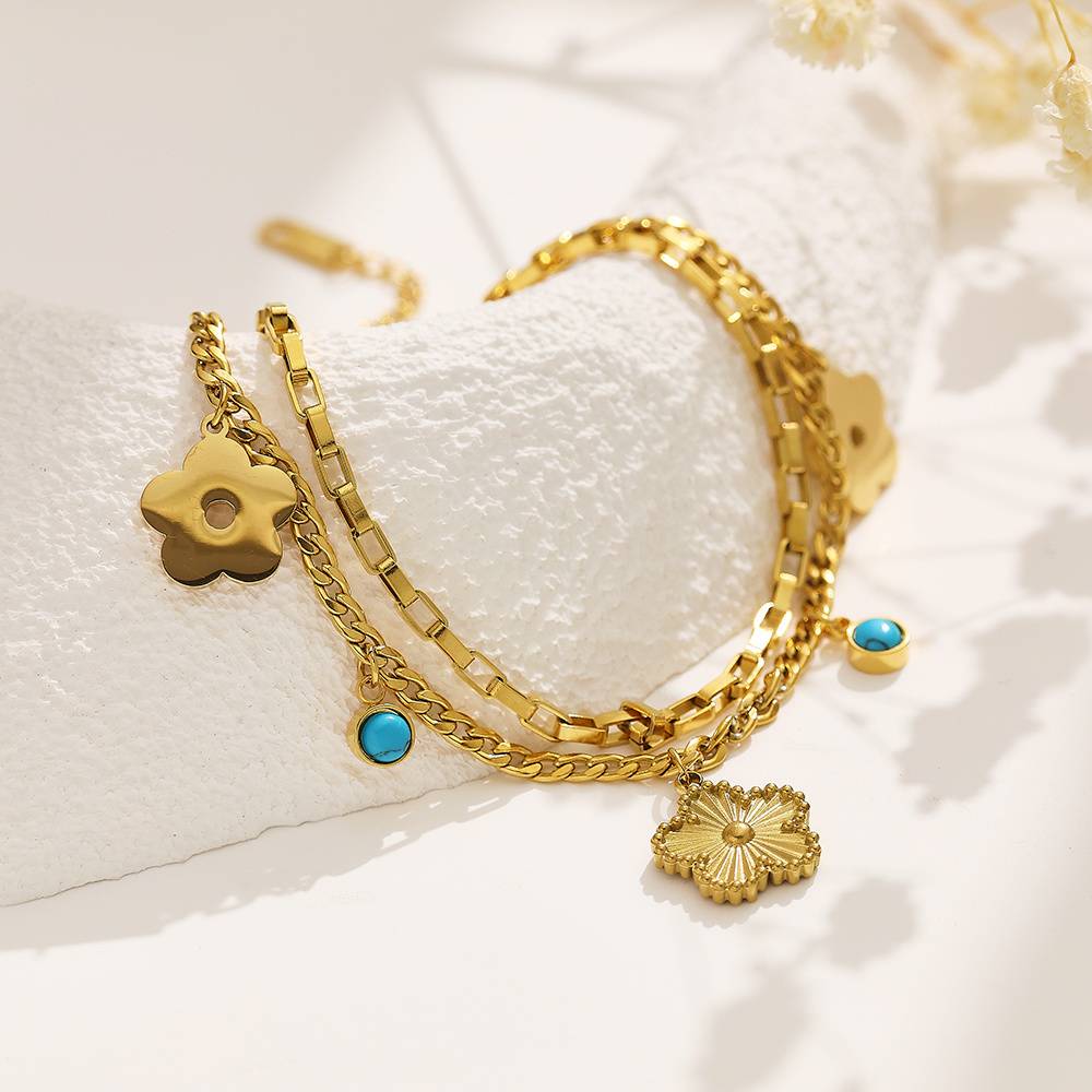 Double-layer stainless steel 18k gold-plated custom women's clover fashion jewelry bracelet