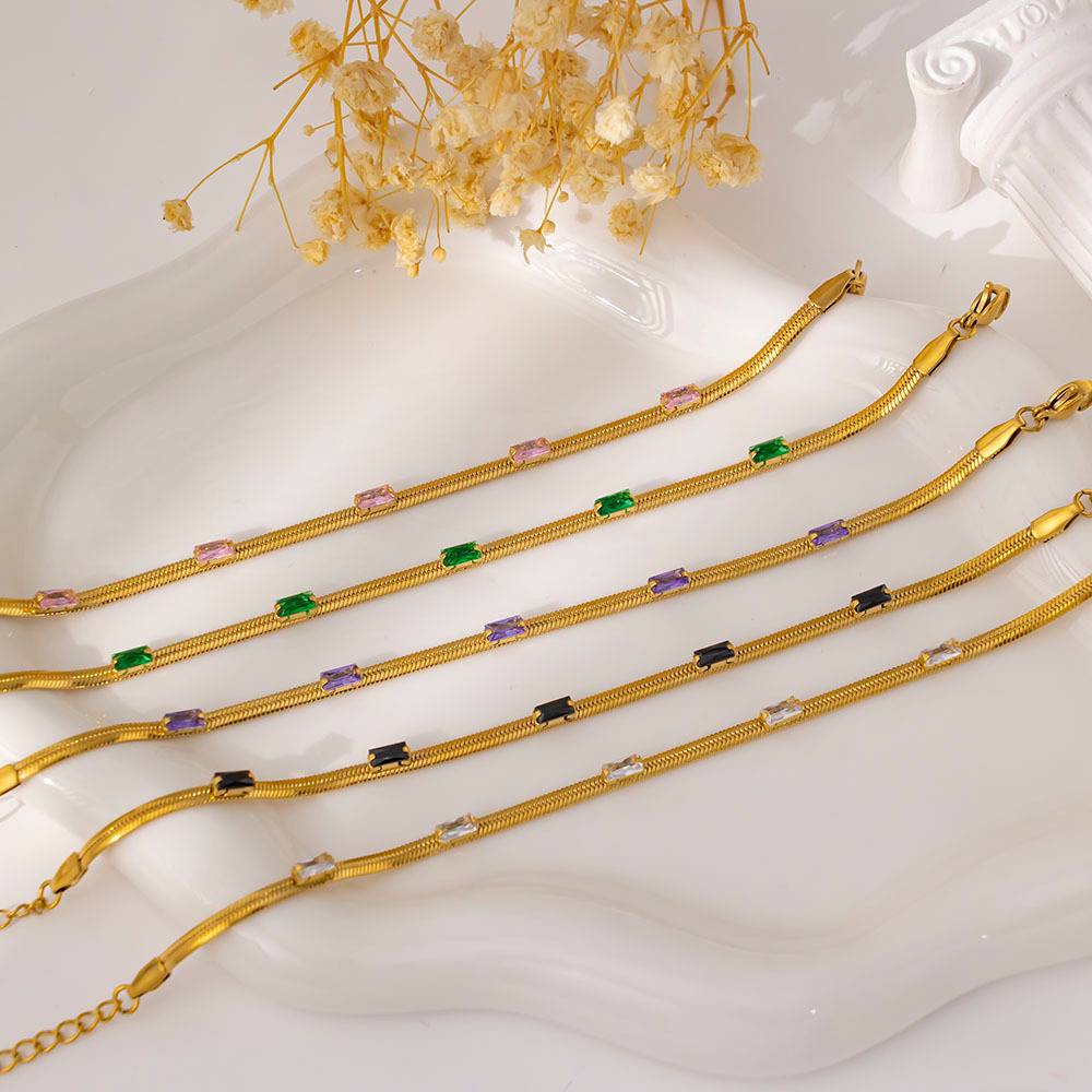 Women's Stainless Steel Cuban Chain Punk 18K Gold Plated Design with Colored Zircon Fashion Jewelry Bracelet